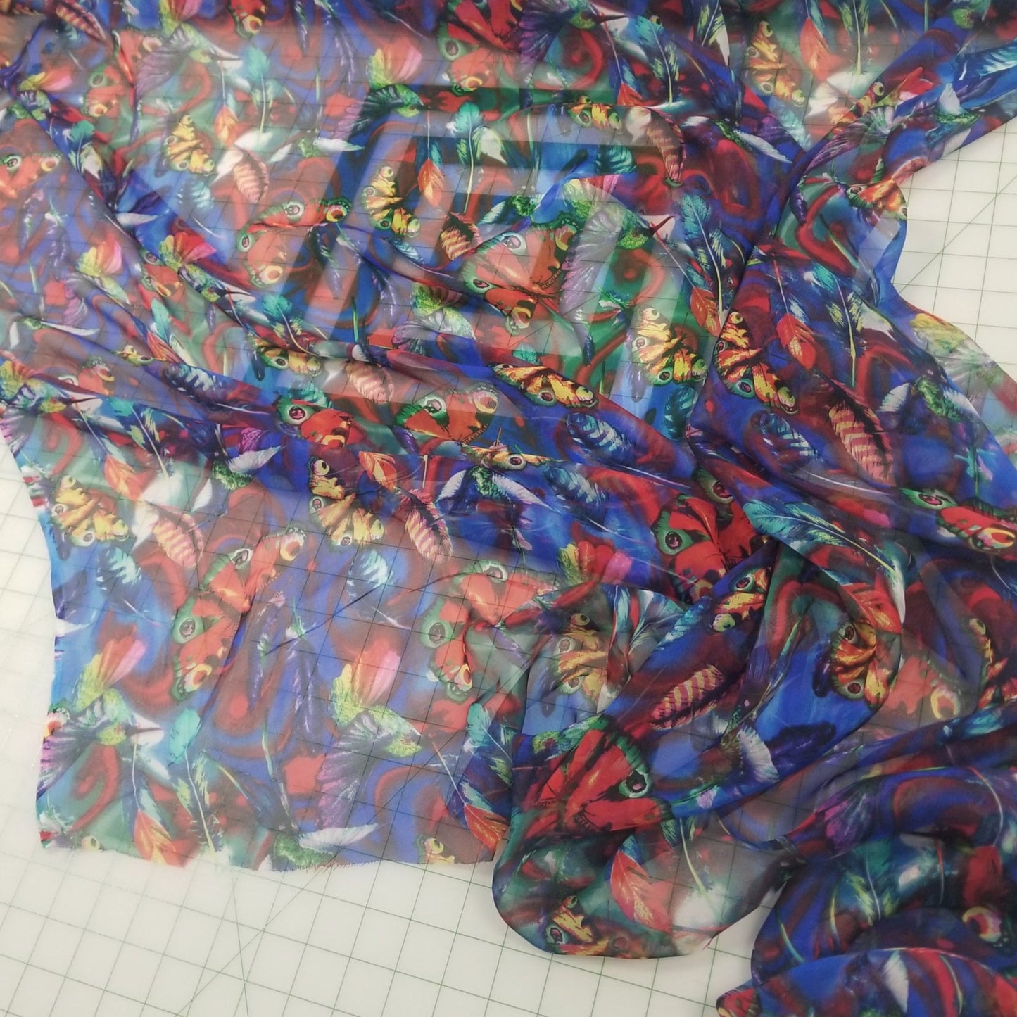 End of BOlt: 2-3/8th Yards of 100% Silk Chiffon Butterflies and Hummingbirds Woven- Remnant