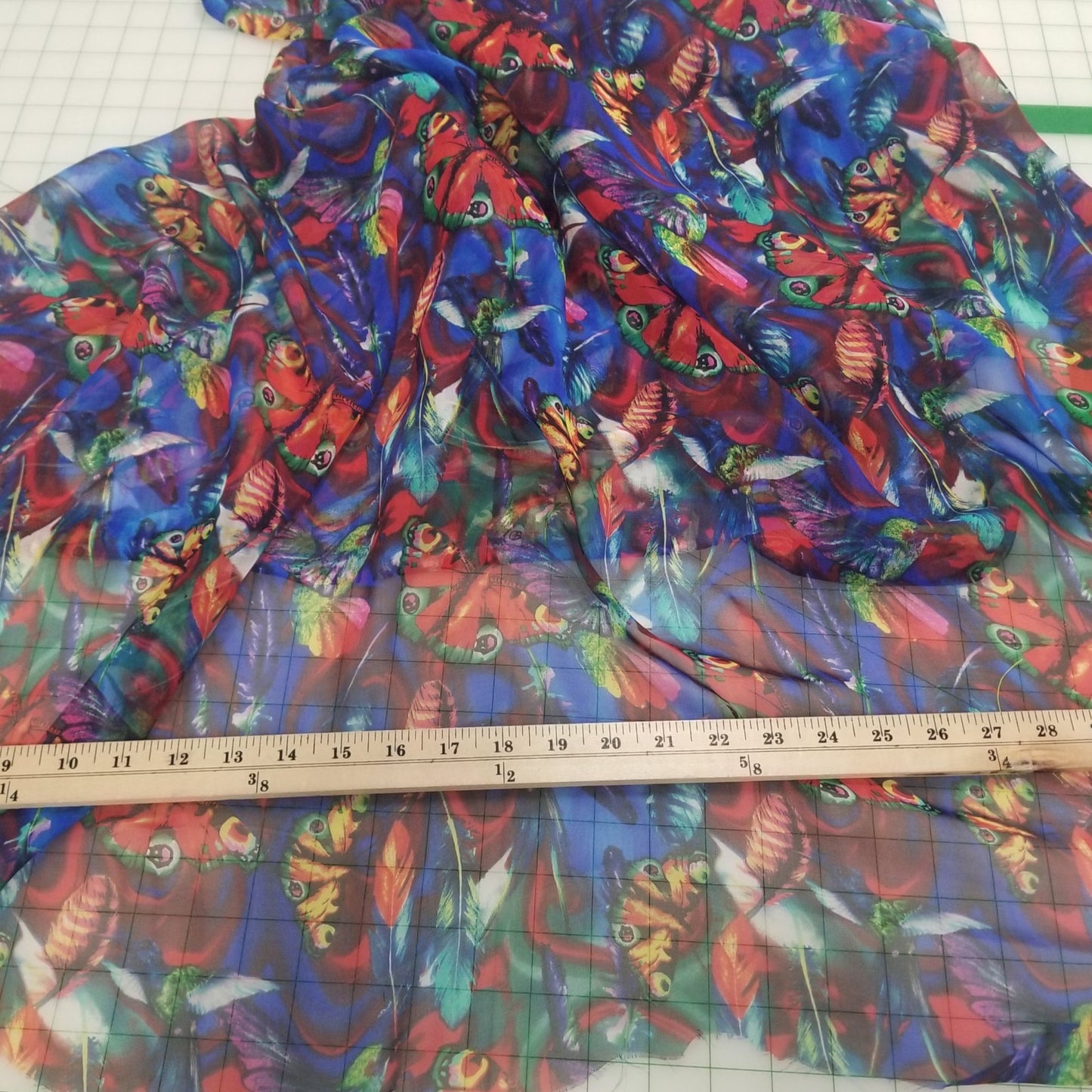 End of BOlt: 2-3/8th Yards of 100% Silk Chiffon Butterflies and Hummingbirds Woven- Remnant