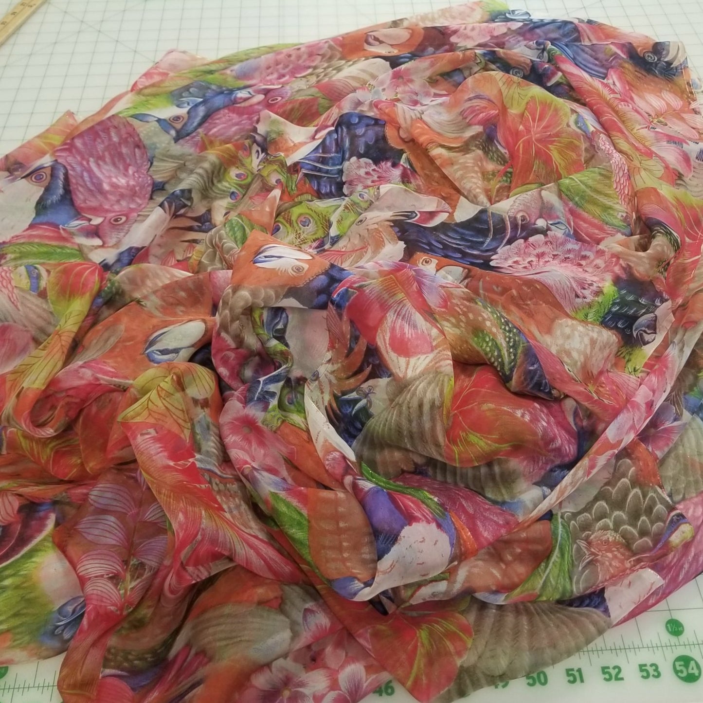 End of BOlt: 3-3/4th Yards of 100% Silk Chiffon Birds Woven- Remnant