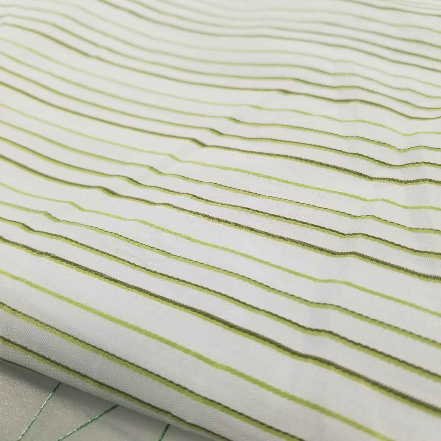 Italian Deadstock Silhouette Ivory Cotton Apparel Horizontal Stripe Lime  and Dark Green Shirting Woven- by the yard