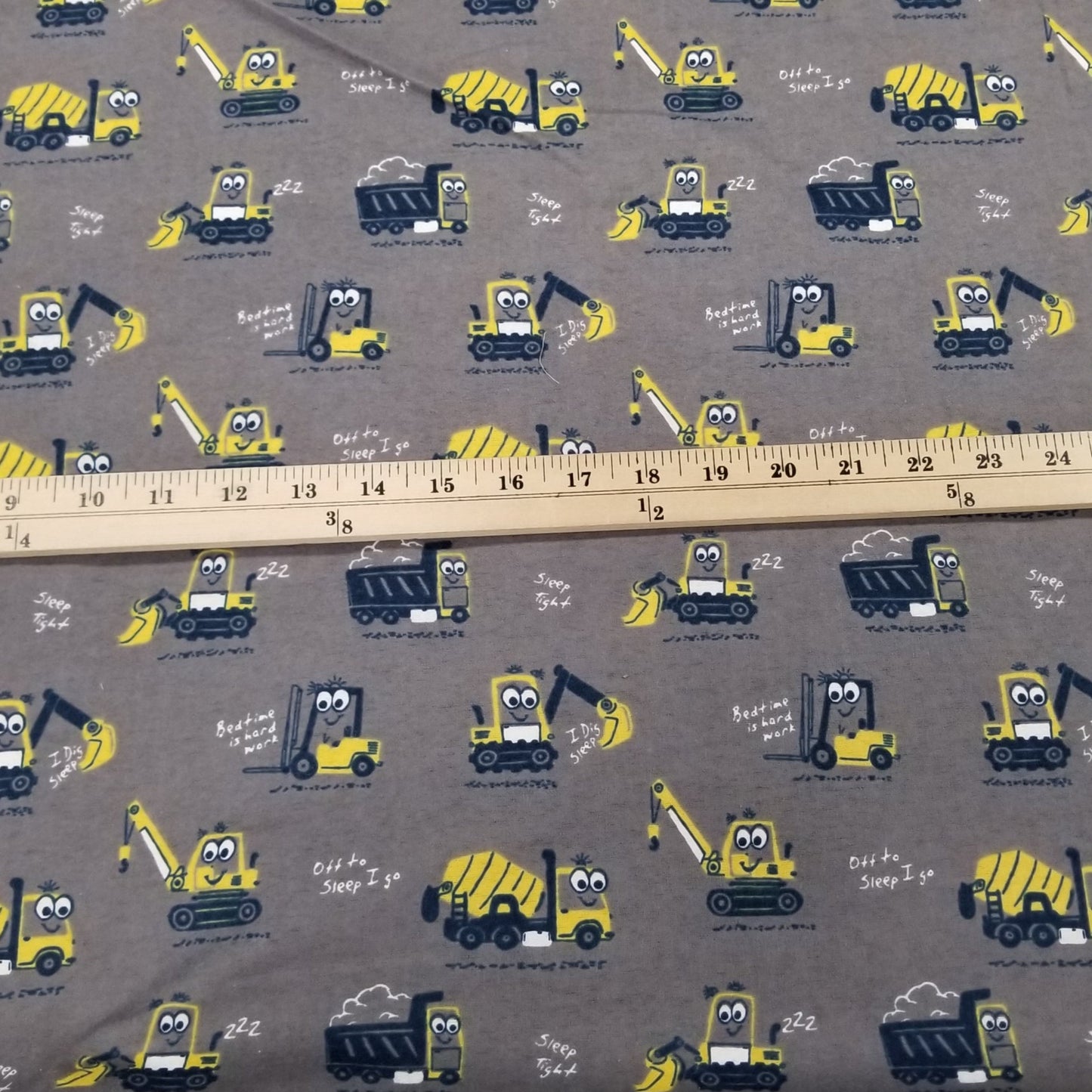 End of BOlt: 2 yards of Gray and Yellow Flannel Conversational Print "Off to Sleep I Go" Cotton Woven- remnant