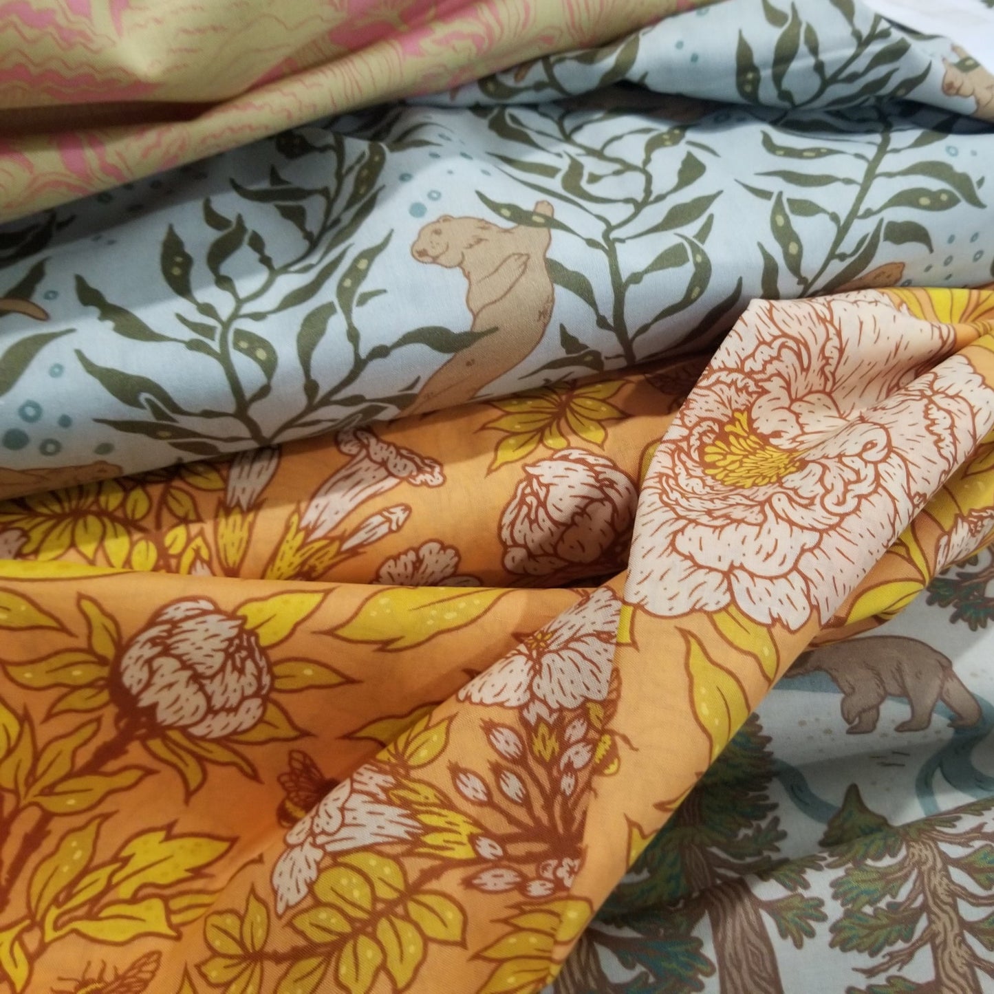 Organic Cotton Lawn GOT Certified Large Peonies Peach Gold Lawn by Mustard Beetle for Birch Fabrics-by the half yard