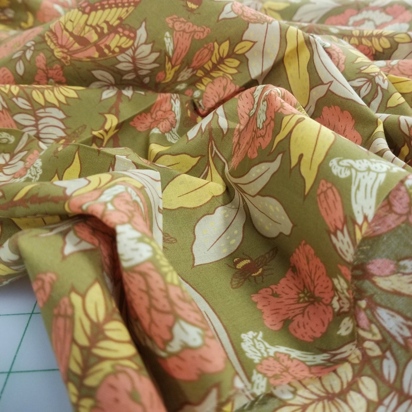 Organic Cotton Lawn GOT Certified Large Peonies Mossy Lawn by Mustard Beetle for Birch Fabrics-by the half yard