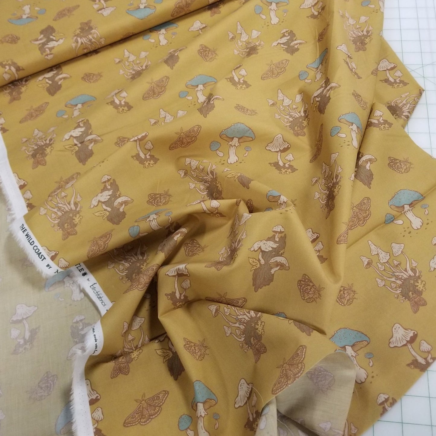 Organic Cotton Lawn Mushrooms In Mustard Yellow Woven| Wild Coast by Mustard Beetle for Birch Fabrics -by the half yard