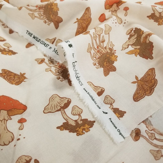 Organic Cotton Lawn Mushrooms In Cream Woven| Wild Coast by Mustard Beetle for Birch Fabrics -by the half yard