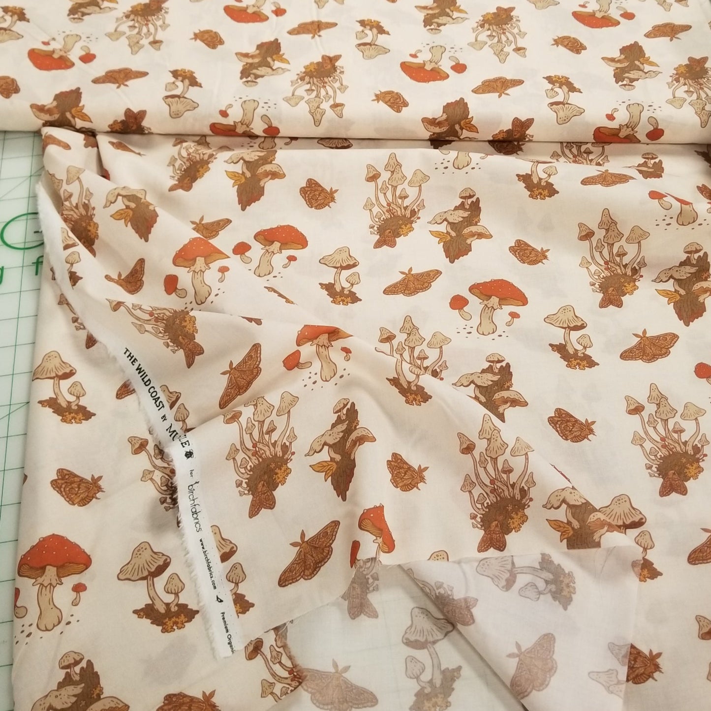 Organic Cotton Lawn Mushrooms In Cream Woven| Wild Coast by Mustard Beetle for Birch Fabrics -by the half yard