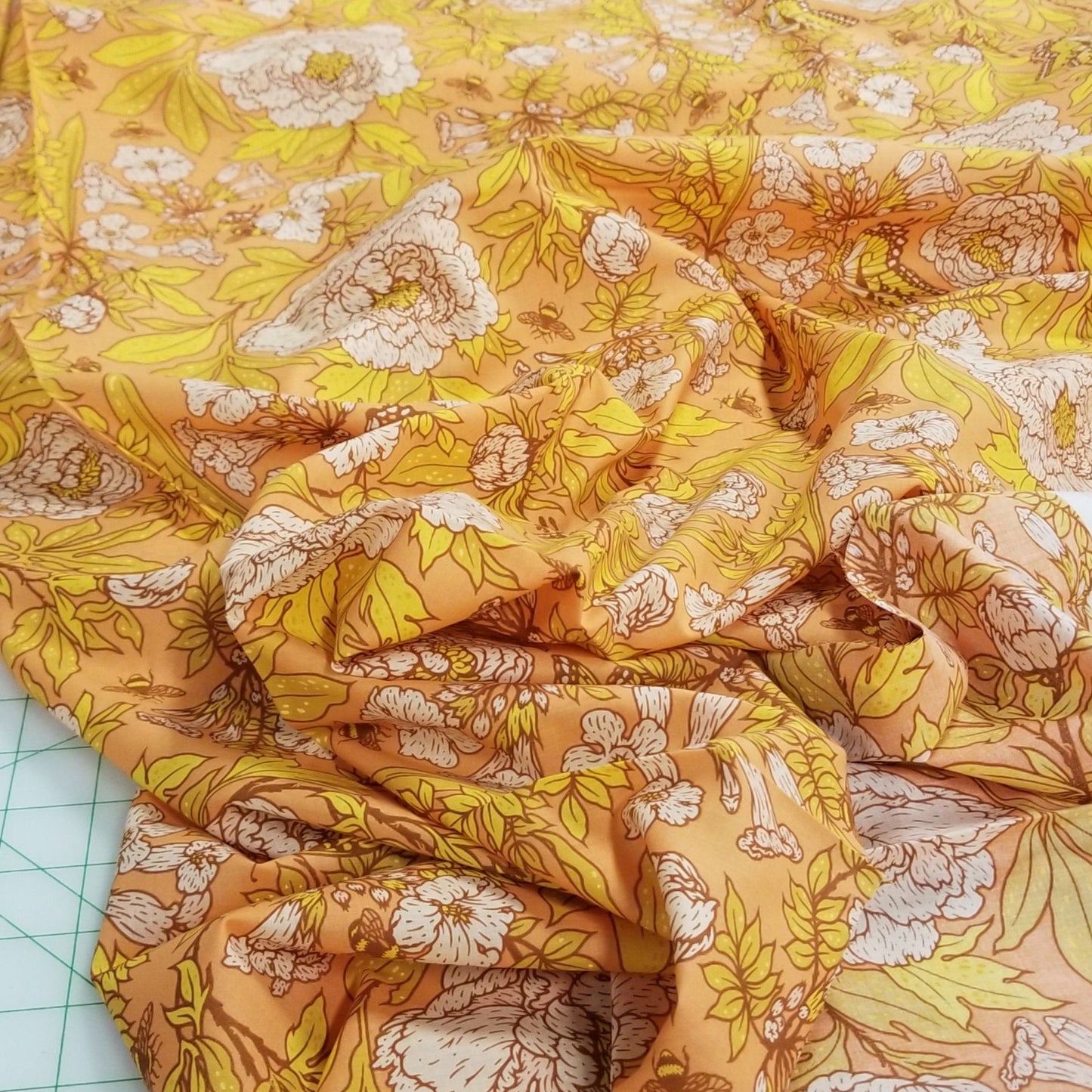 Organic Cotton Lawn GOT Certified Large Peonies Peach Gold Lawn by Mustard Beetle for Birch Fabrics-by the half yard