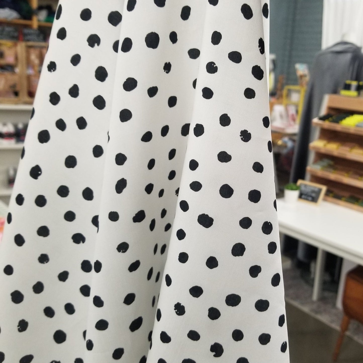 Designer Deadstock Rayon Linen Ivory and Black Polka Dot Woven- by the yard