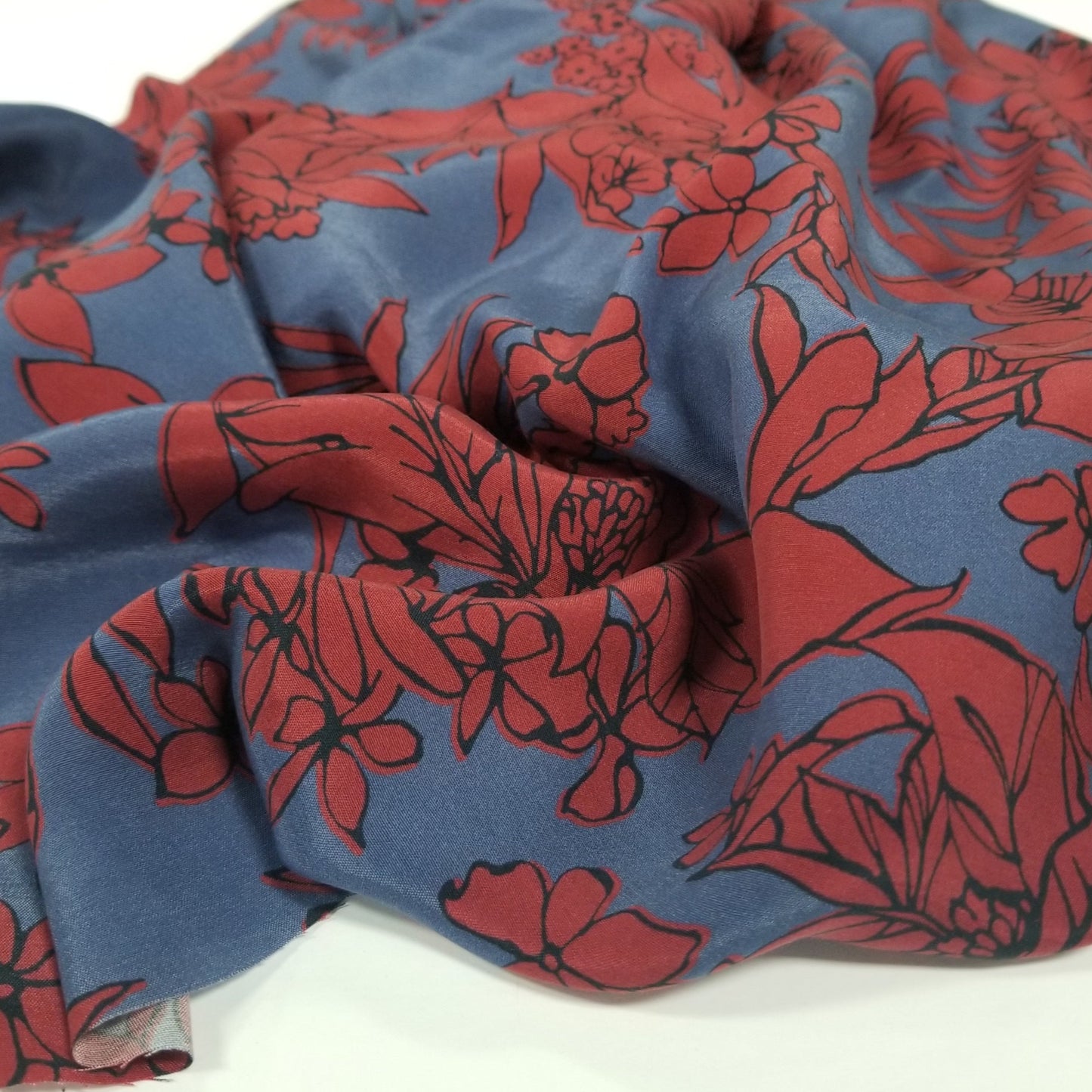 Designer Deadstock Slight Sheen Viscose Challis Indigo Ruby Floral Woven- by the yard