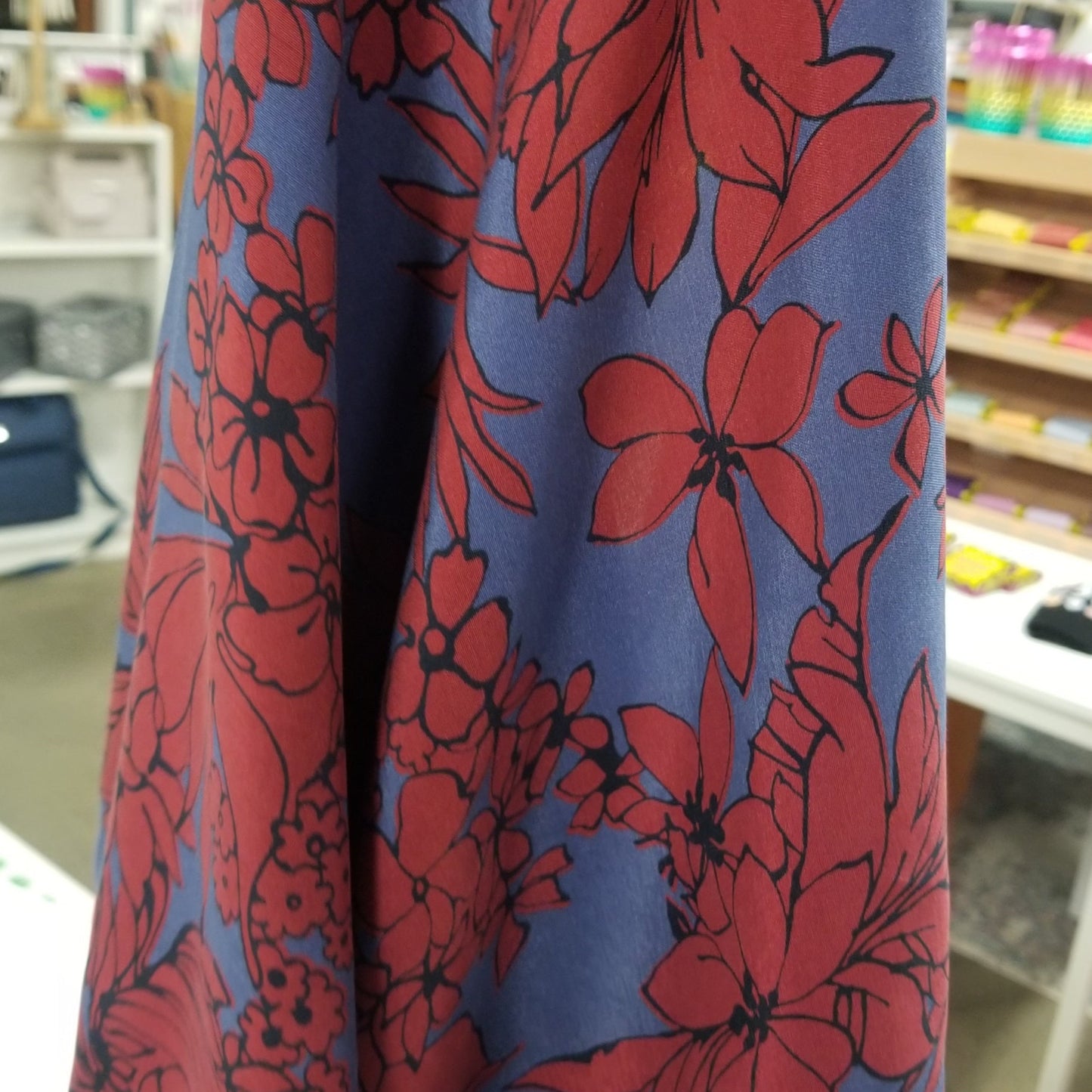 Designer Deadstock Slight Sheen Viscose Challis Indigo Ruby Floral Woven- by the yard