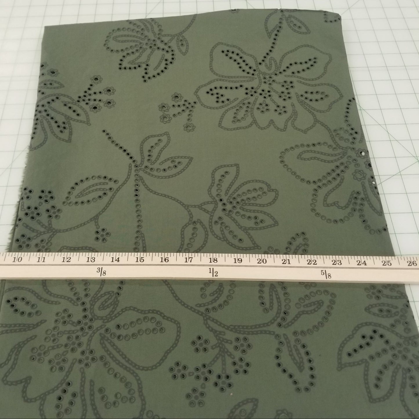 End of Bolt: 3-5/8th yards of Designer Europe Deadstock Olive Laser Cut Embroidered Anglaise Textured Sueded Outline Woven Solid-remnant
