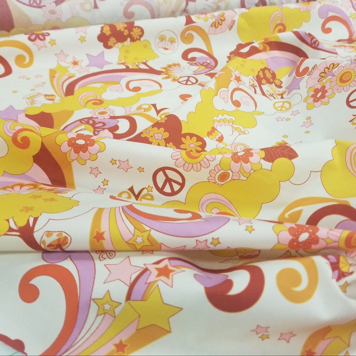 End of Bolt: 3.5 yards of Designer Deadstock Organic Cotton Poplin Cream Hue Retro Peace & Love Day Tripper Woven- remnant