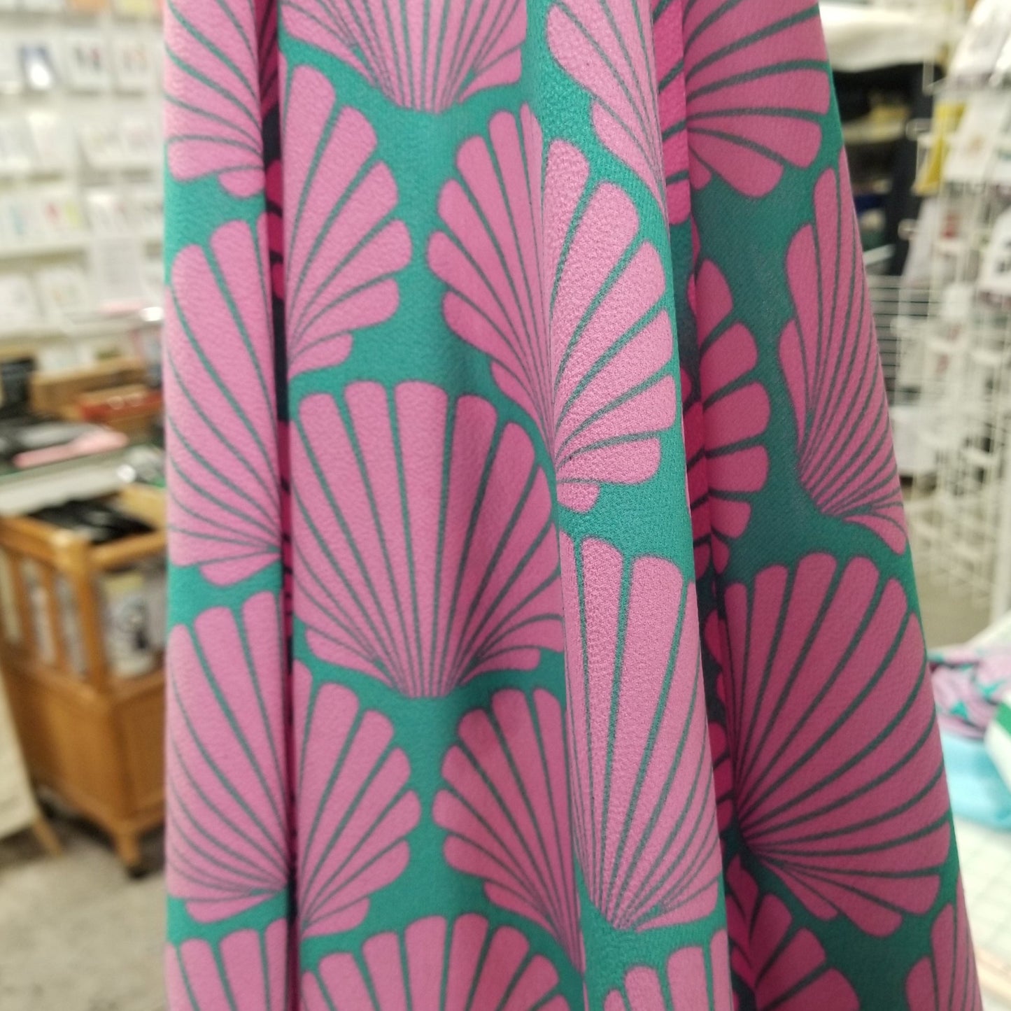 Designer Deadstock Sea Shells by the Sea Shore Pink and Turquoise Bubble Crepe Woven-by the yard