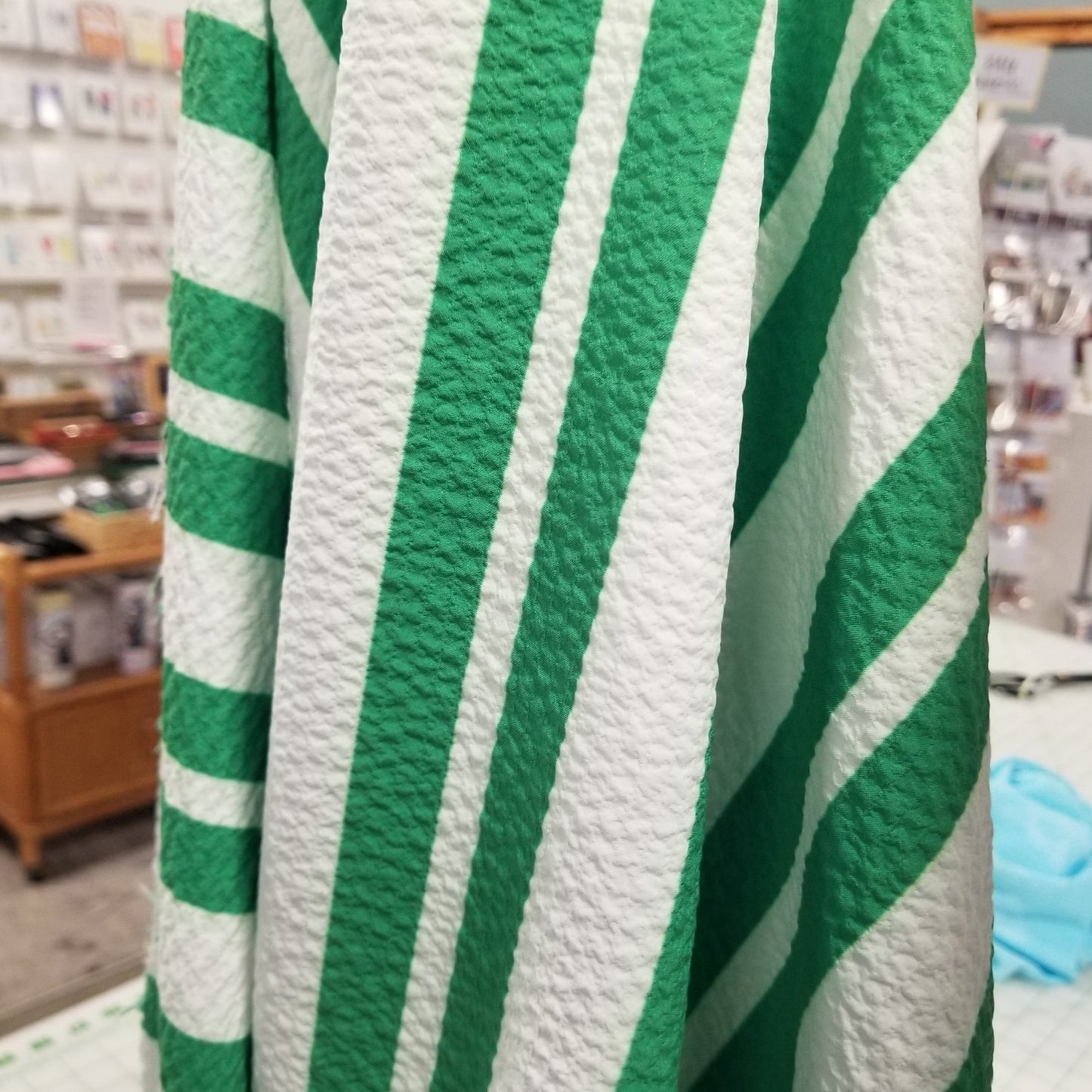 Designer LA Deadstock Textured Ivory and Multi Stripe Stretch Kelly Green Woven- by the yard