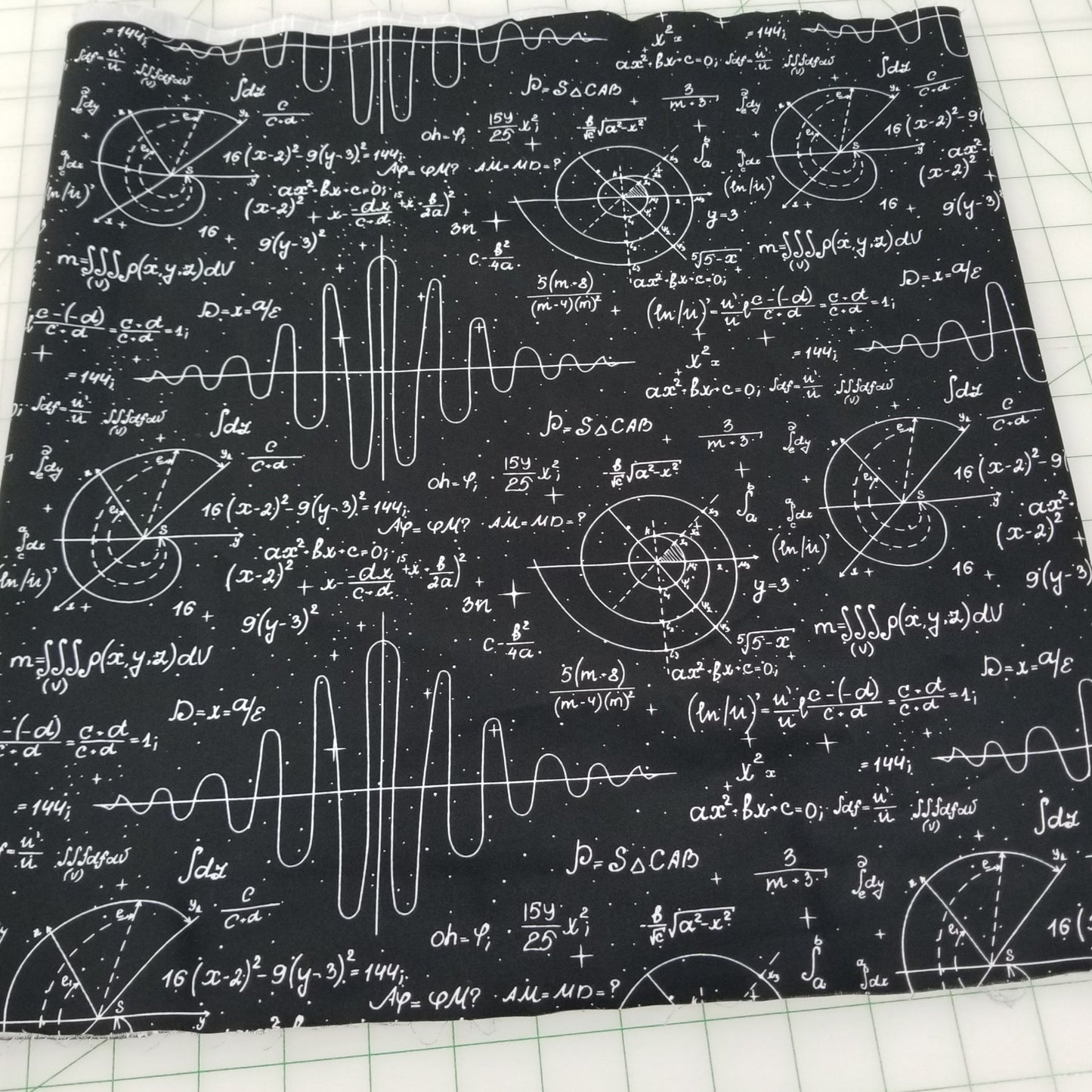 Black fabric with white mathematical equations and diagrams on a grid background