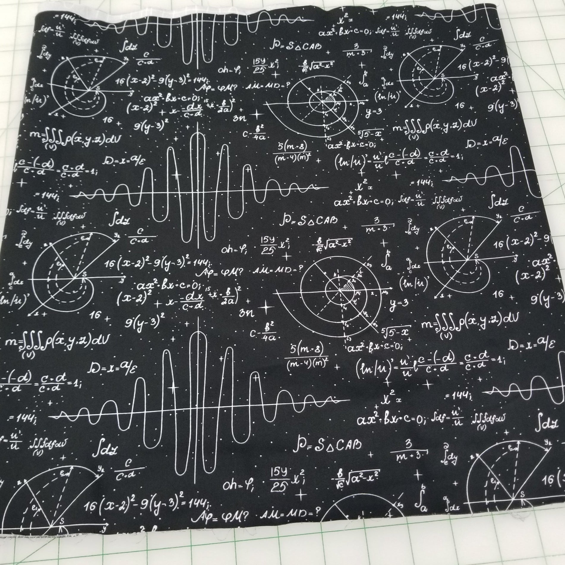 Black fabric with white mathematical equations and diagrams on a grid background