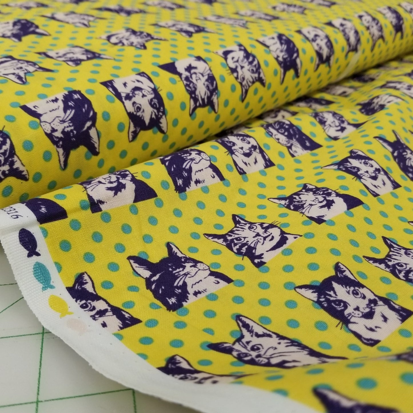 Japan Fabrics: Yellow Cats with Dots Pop Art Cotton Sheeting Woven- by the yard