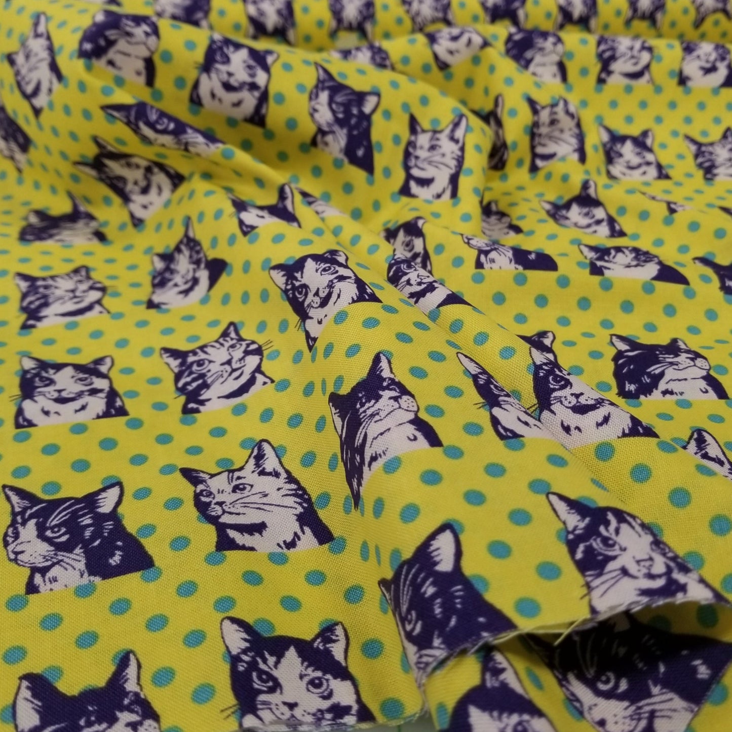Japan Fabrics: Yellow Cats with Dots Pop Art Cotton Sheeting Woven- by the yard