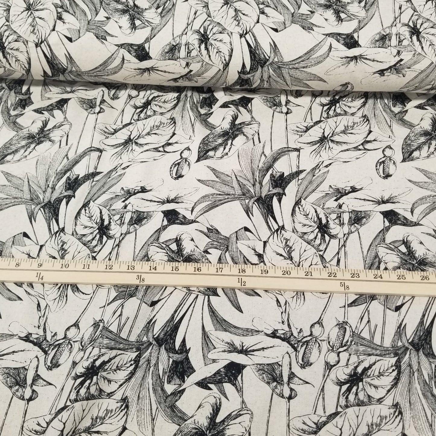 Palma Floral Natural and Black Rayon Linen Opaque 5.5oz Woven- by the yard