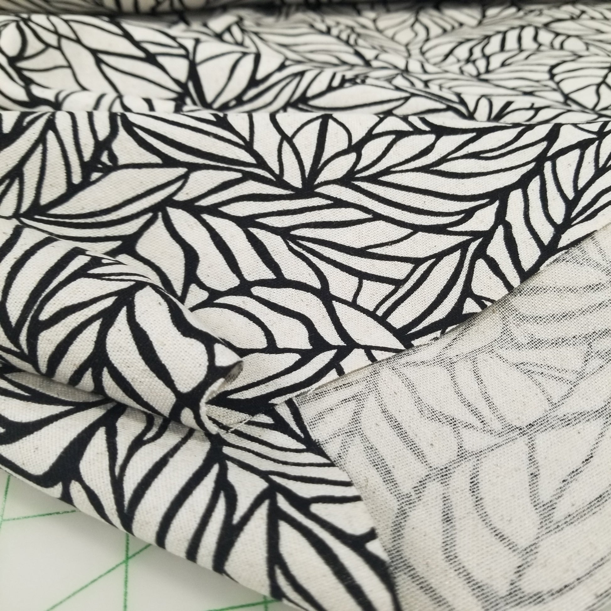 Close-up of black and white leaf-patterned fabric