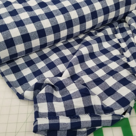 Organic Cotton Checkered Yarn Dyed Navy Large Gingham 6.34oz Textured Woven- by the yard