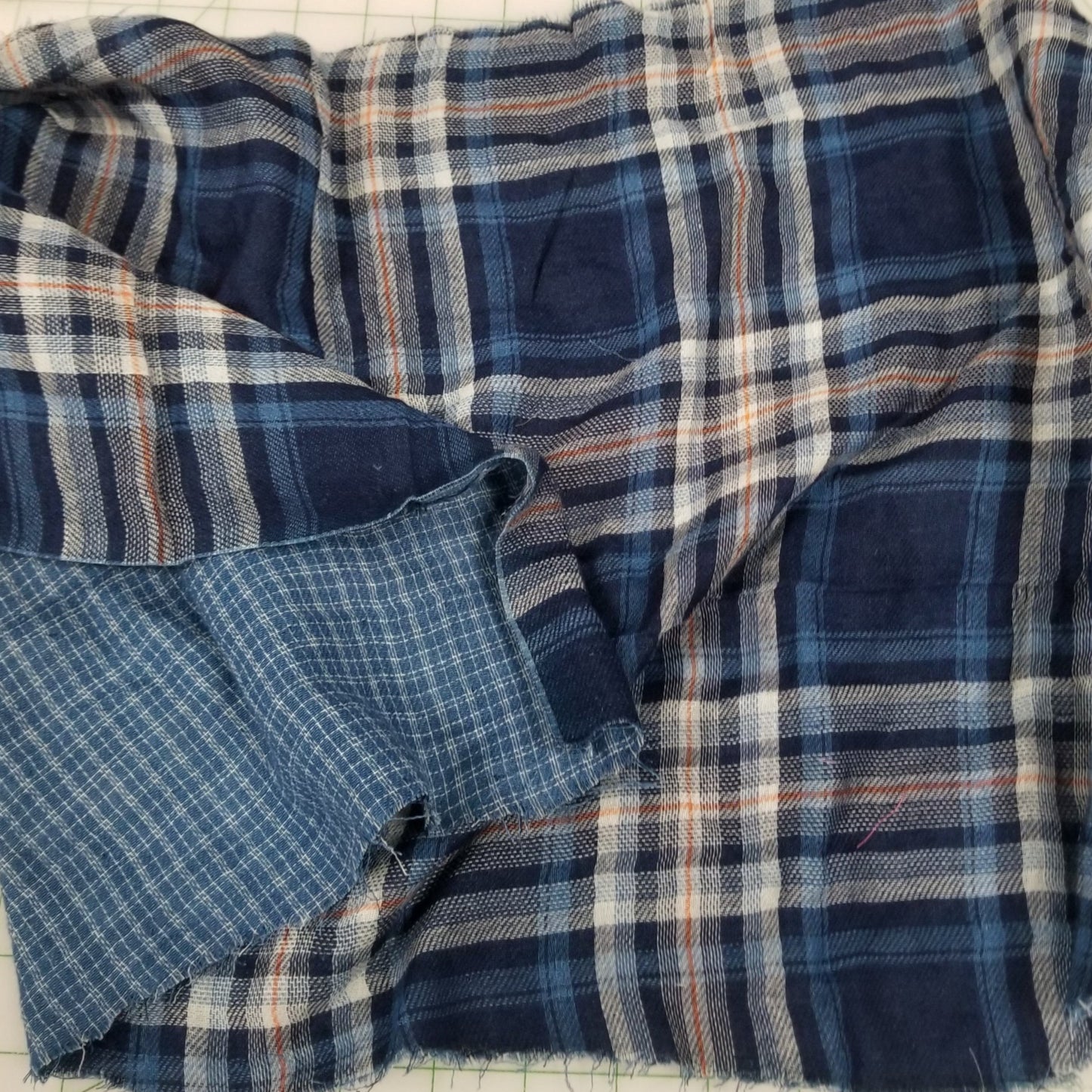 Designer Deadstock Blue Plaid with Reverse Blue and Ivory  Soft Cotton Double Gauze Woven- by the yard