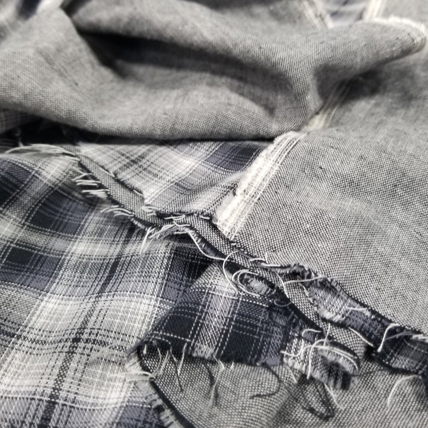 Designer Deadstock Black and Gray Plaid with Chambray Pepper Reverse Soft Cotton Double Gauze Woven- by the yard