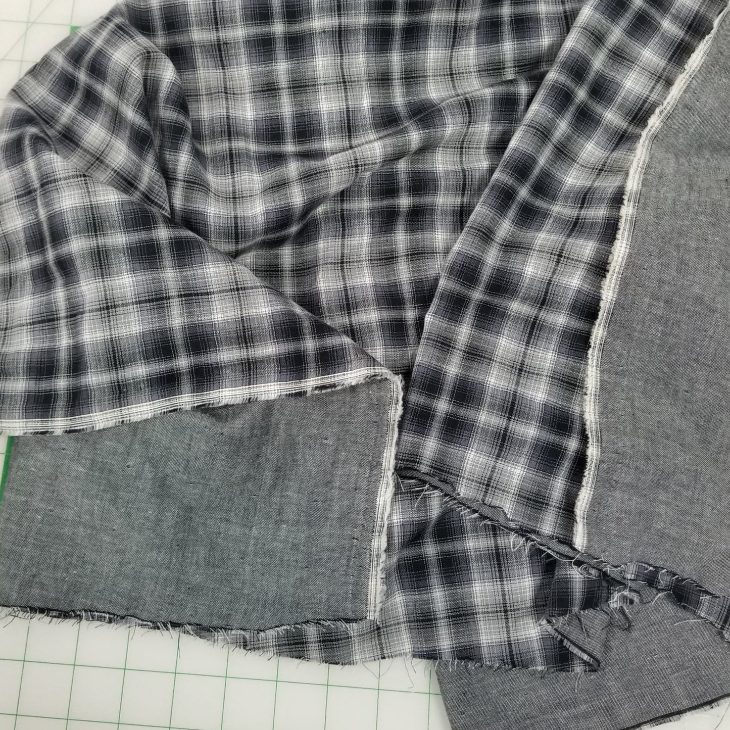 Designer Deadstock Black and Gray Plaid with Chambray Pepper Reverse Soft Cotton Double Gauze Woven- by the yard
