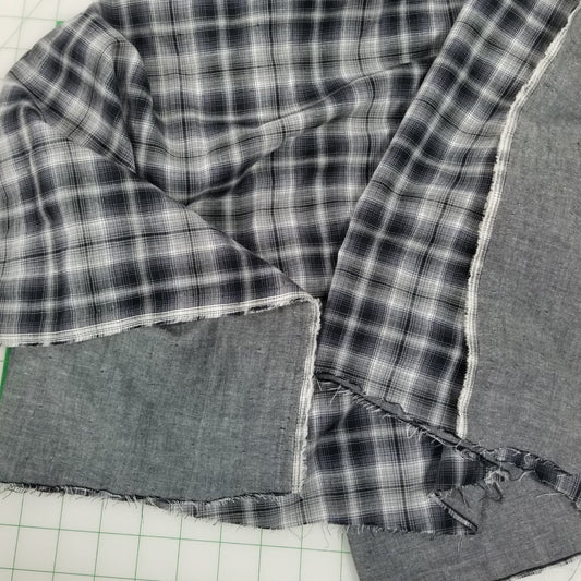Designer Deadstock Black and Gray Plaid with Chambray Pepper Reverse Soft Cotton Double Gauze Woven- by the yard