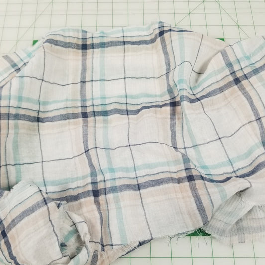 Designer Deadstock White and Light Blue Plaid with Reverse Sand Khaki Stripe  Soft Cotton Double Gauze Woven- by the yard
