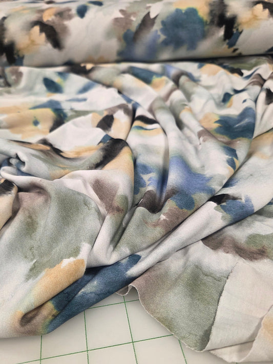 Premium Quality Dakota Rayon Spandex Abstract Watercolor Light Blue, Sage, and Muted Yellow Print  Knit 7.23 oz- by the yard