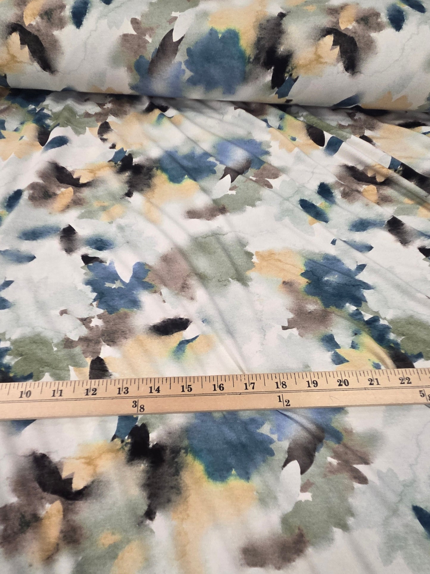 Premium Quality Dakota Rayon Spandex Abstract Watercolor Light Blue, Sage, and Muted Yellow Print  Knit 7.23 oz- by the yard