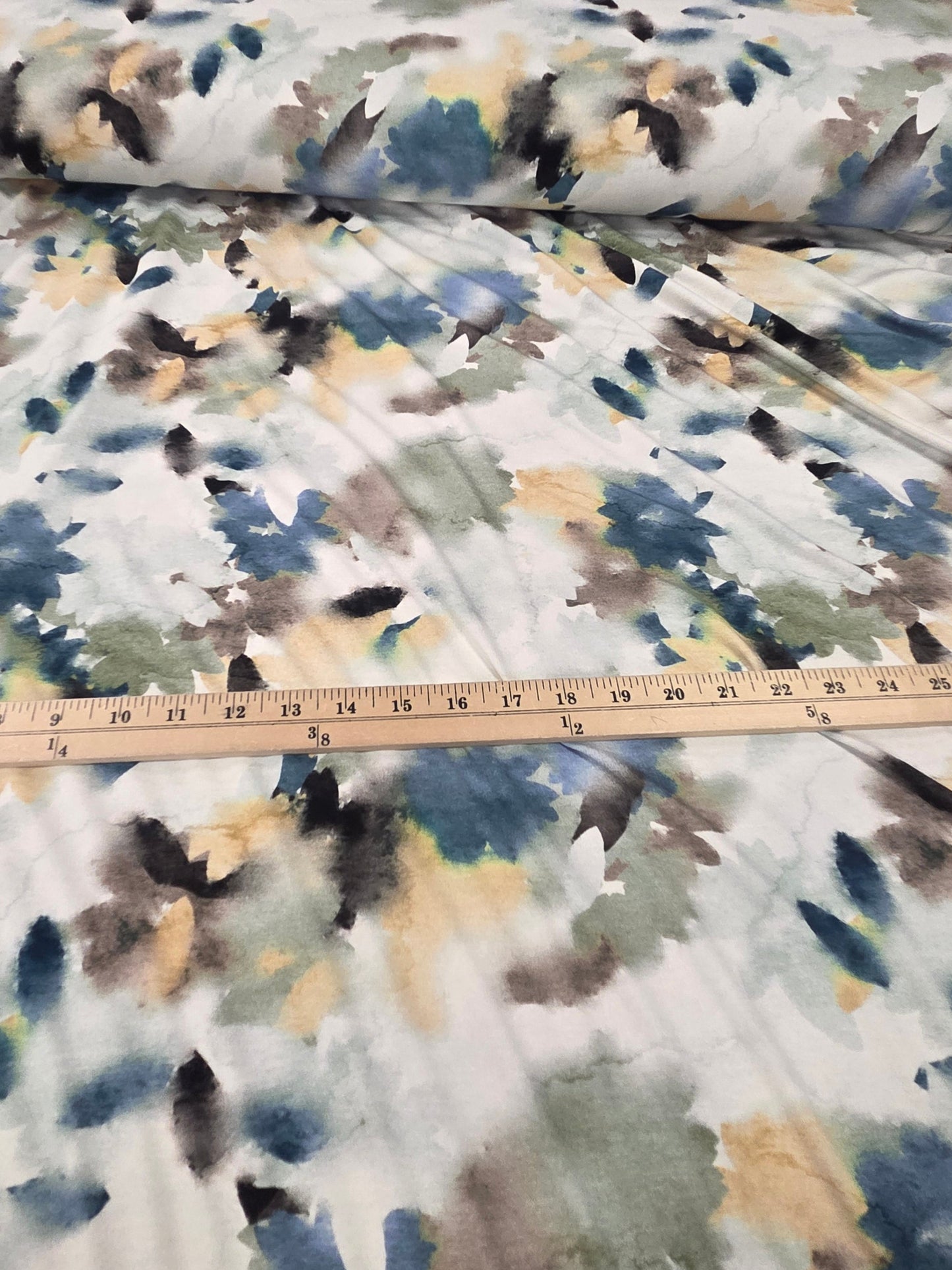 Premium Quality Dakota Rayon Spandex Abstract Watercolor Light Blue, Sage, and Muted Yellow Print  Knit 7.23 oz- by the yard