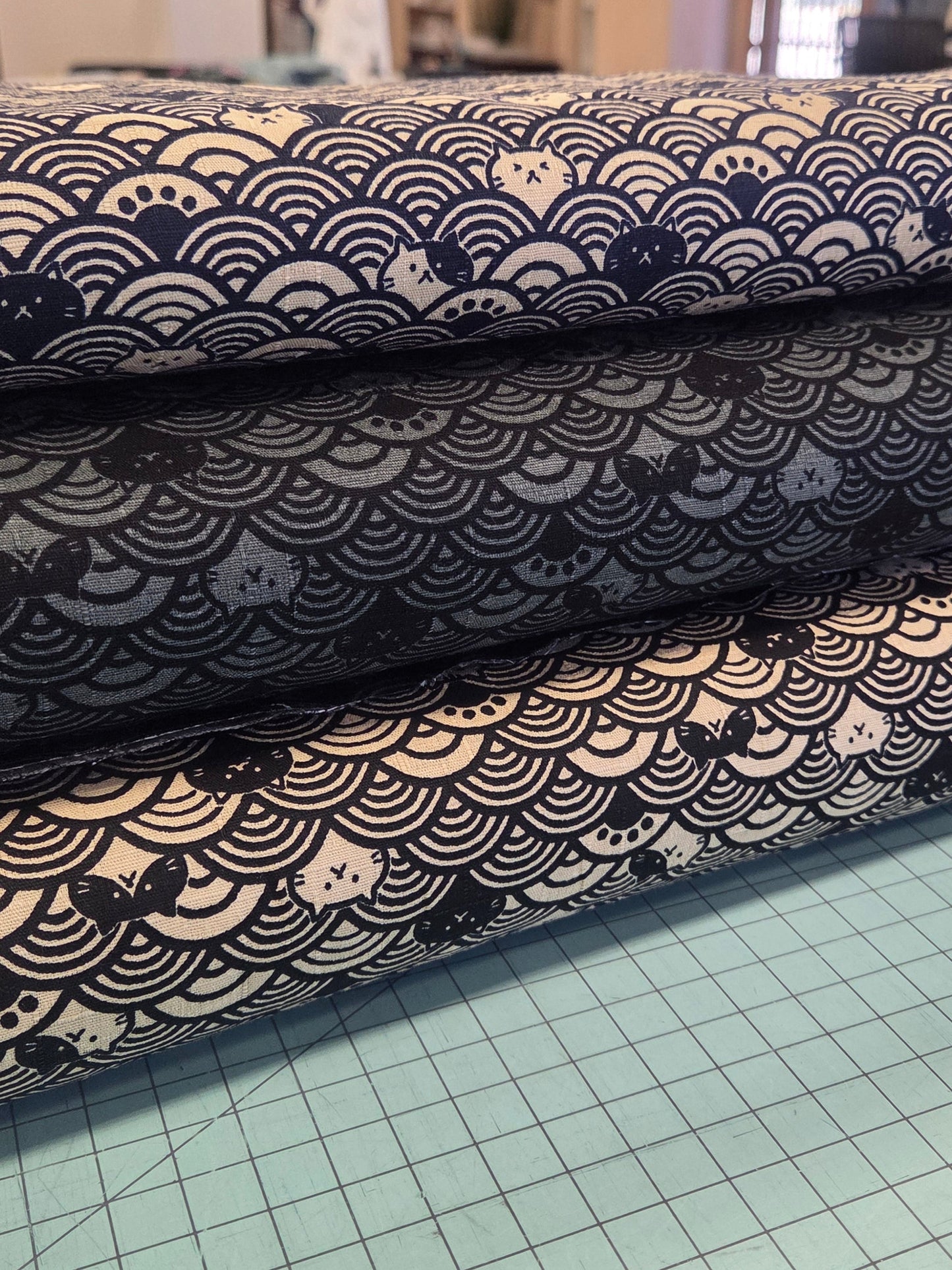 Japan Fabrics: Cats Cosmo Waves Dobby Cotton Gray and Black Woven- by the yard