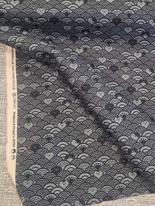 Japan Fabrics: Cats Cosmo Waves Dobby Cotton Gray and Black Woven- by the yard