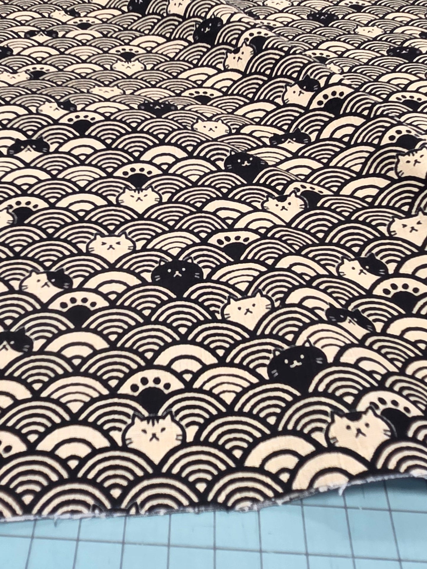 Japan Fabrics: Cats Cosmo Waves Dobby Cotton Black Woven- by the yard