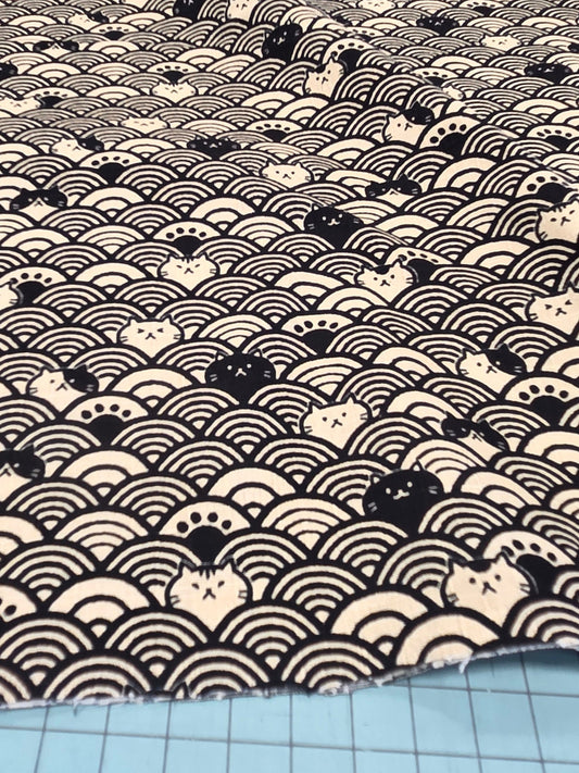 Japan Fabrics: Cats Cosmo Waves Dobby Cotton Black Woven- by the yard