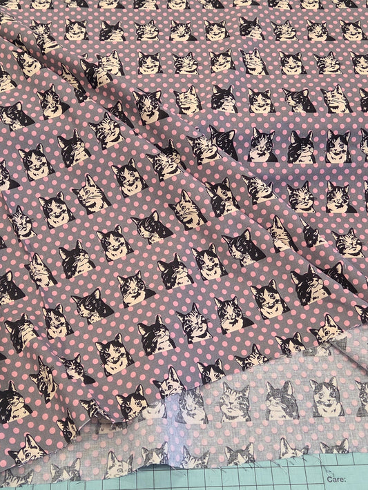 Japan Fabrics: Cats with Pink Dots Retro Pop Art Cotton Sheeting Woven- by the yard