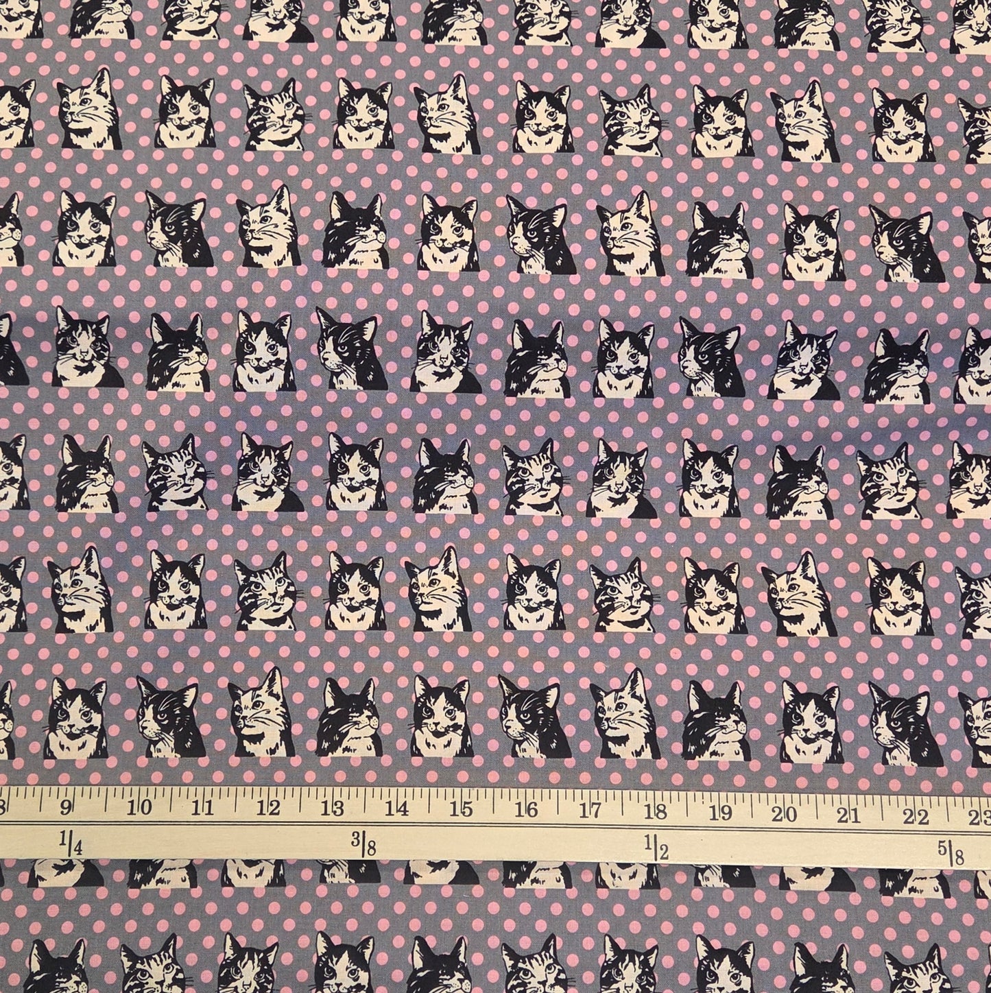 Japan Fabrics: Cats with Pink Dots Retro Pop Art Cotton Sheeting Woven- by the yard