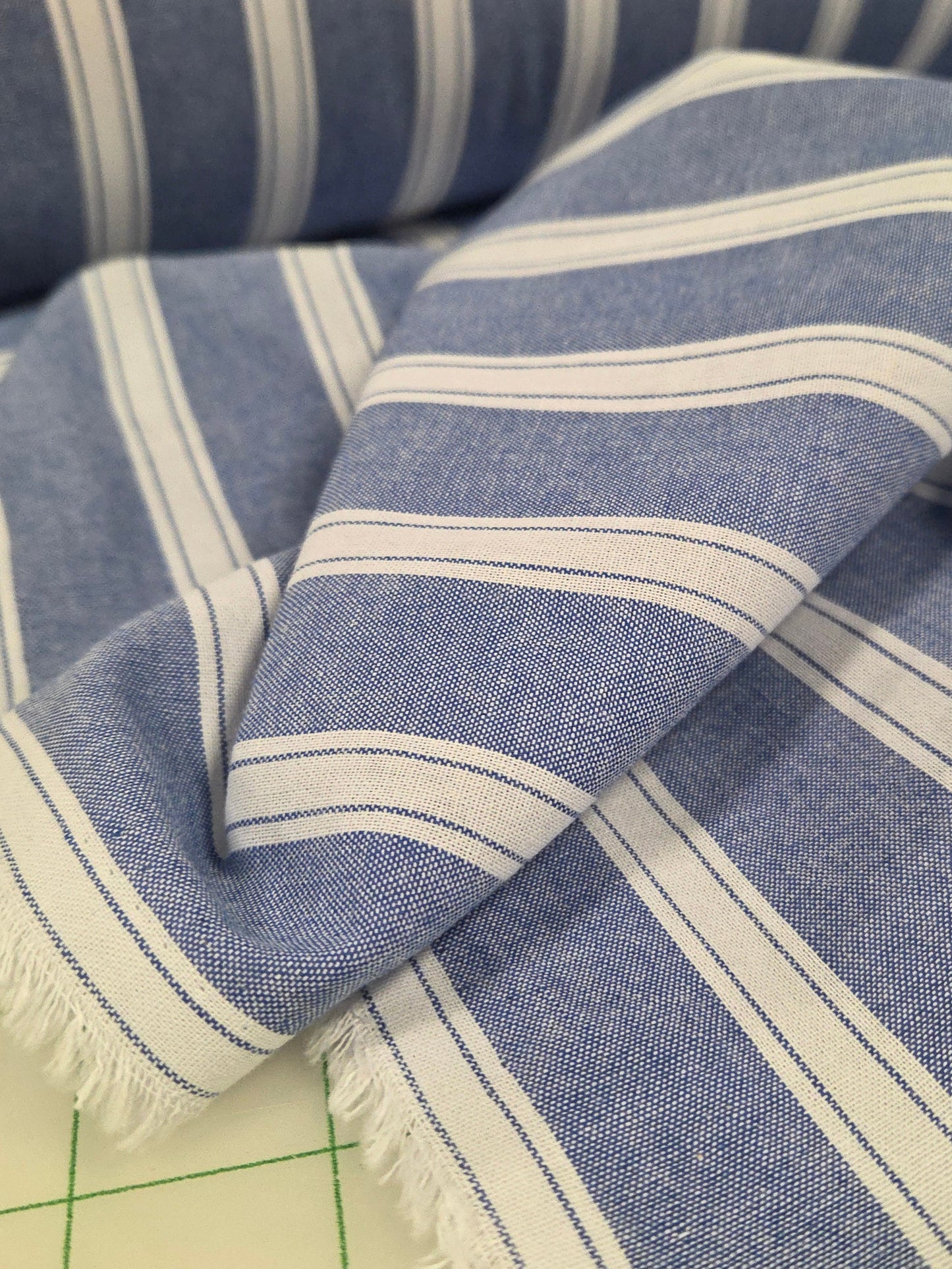 LA Designer Deadstock Yarn Dyed Multi-Vertical Stripe Chambray Shirting Blue Woven- by the yard