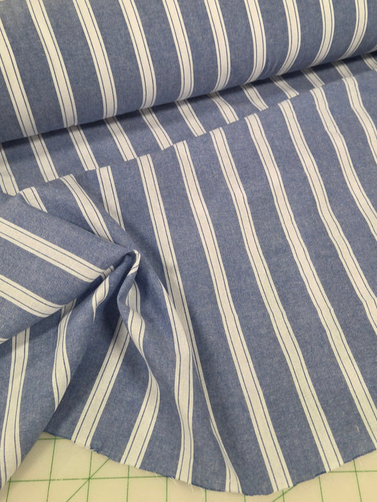 LA Designer Deadstock Yarn Dyed Multi-Vertical Stripe Chambray Shirting Blue Woven- by the yard