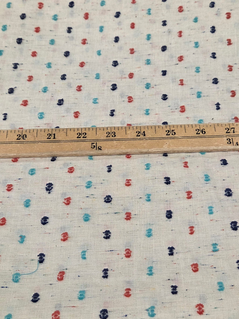 LA Designer Deadstock Cream Speckled Cotton Swiss Dot Navy, Orange, and Turquoise Woven- by the yard