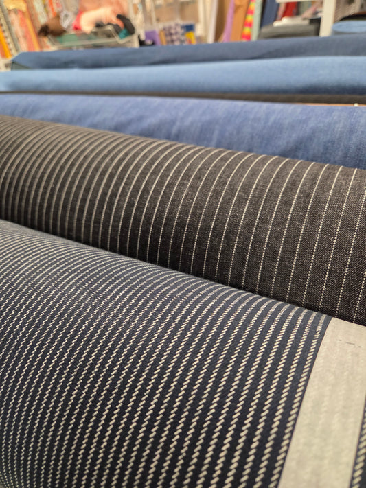 Designer Deadstock Italian Cotton Denim Stripe Woven- by the yard