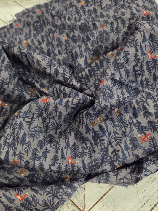 Japan Fabric: Forest Animal Critters Charcoal Cotton Lawn Woven- by the yard