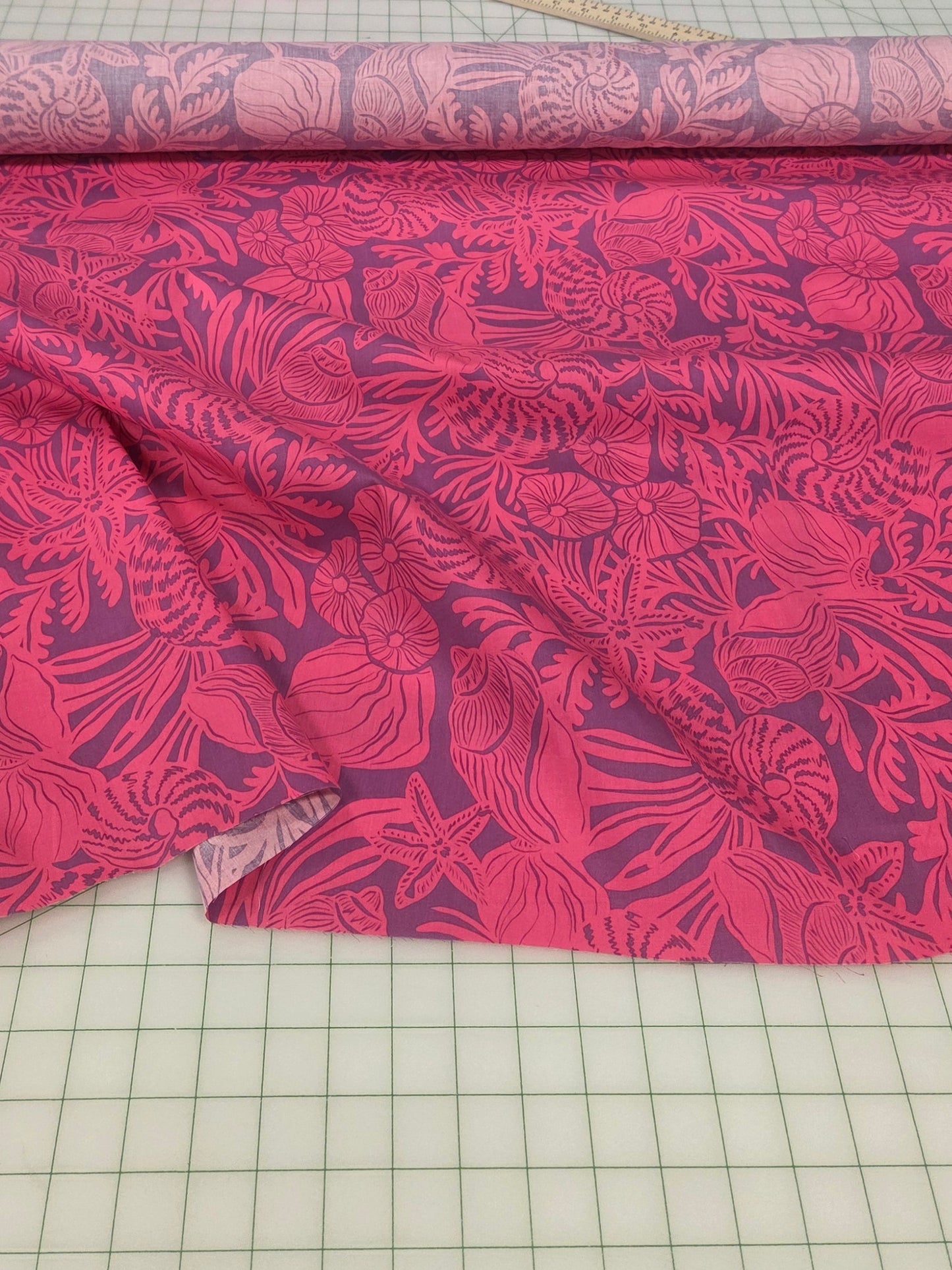 Designer Deadstock Pink Shells Cotton Spandex Poplin Woven- by the yard