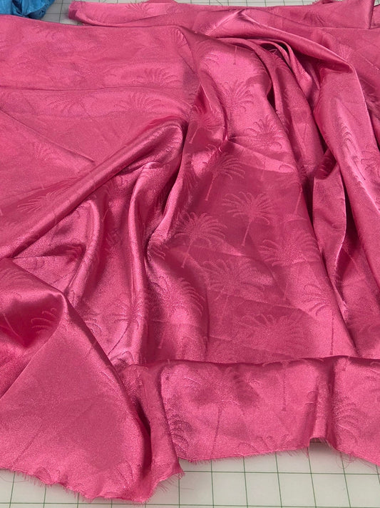 End of Bolt: 3 yards of Designer LA Deadstock Vibrant Fuchsia Stretch Satin Palm Trees with Sheen Woven-remnant
