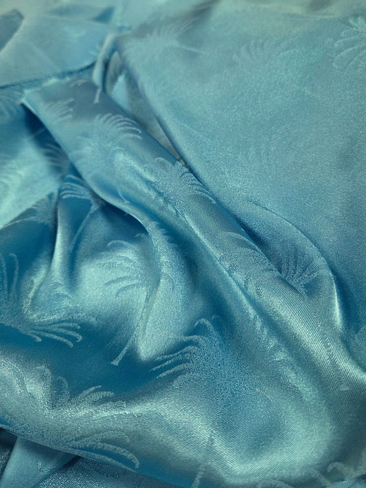 Designer LA Deadstock Vibrant Blue Stretch Satin Palm Trees with Sheen Woven- by the yard