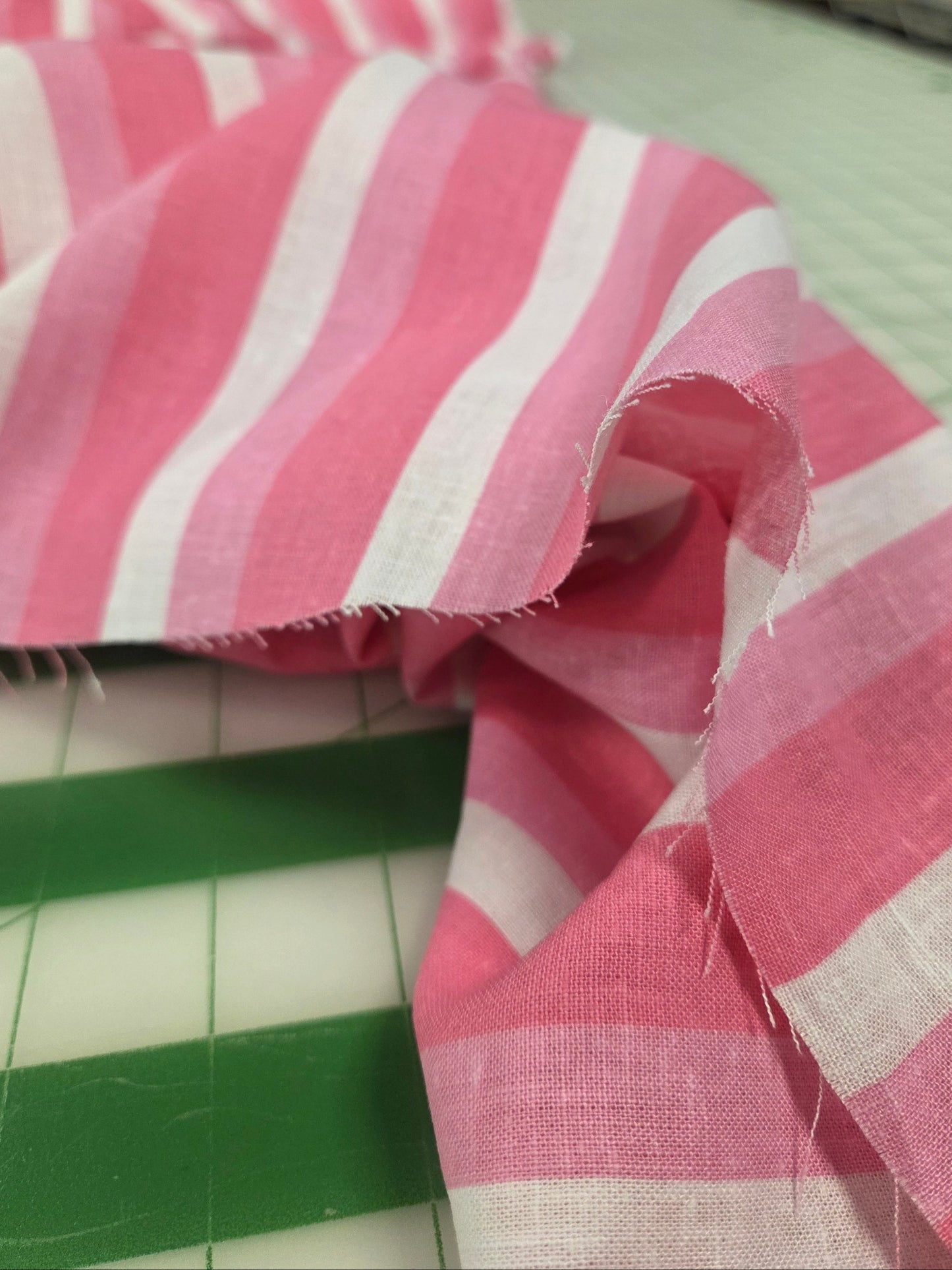 Designer Deadstock Multi Pink Vertical Stripe Laundered Rayon Linen Woven- by the yard