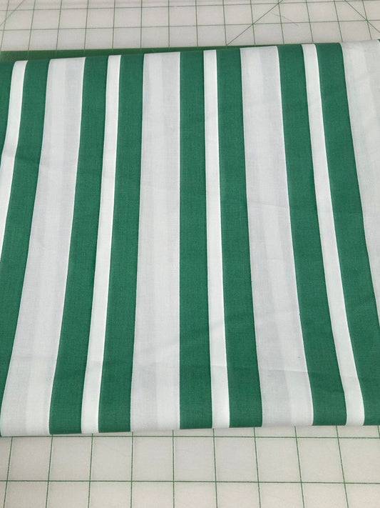 Designer LA Deadstock Cotton Spandex Shirting Poplin Vertical Multi-Stripe Kelly Green and Ivory Woven- by the yard