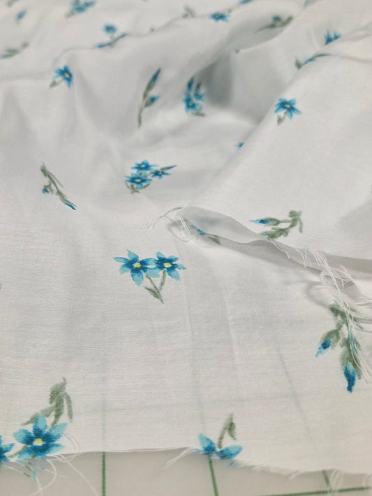Designer LA Deadstock Rayon Voile White and Cottage Core Blue Florals Woven-by the yard